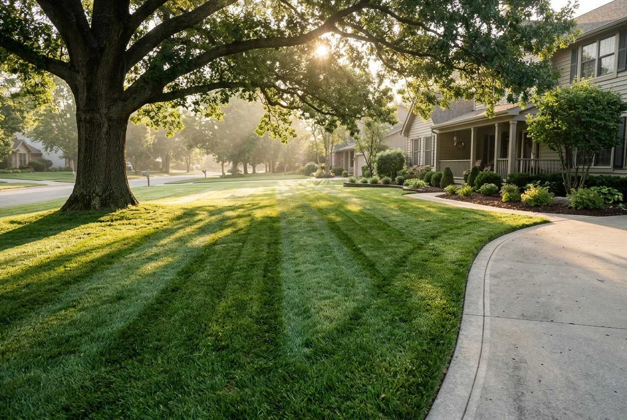 A freshly mowed suburban front lawn in the early morning, with even stripes of deep green grass, a clean edge along a curving driveway, and soft golden light with long shadows from a nearby oak tree.