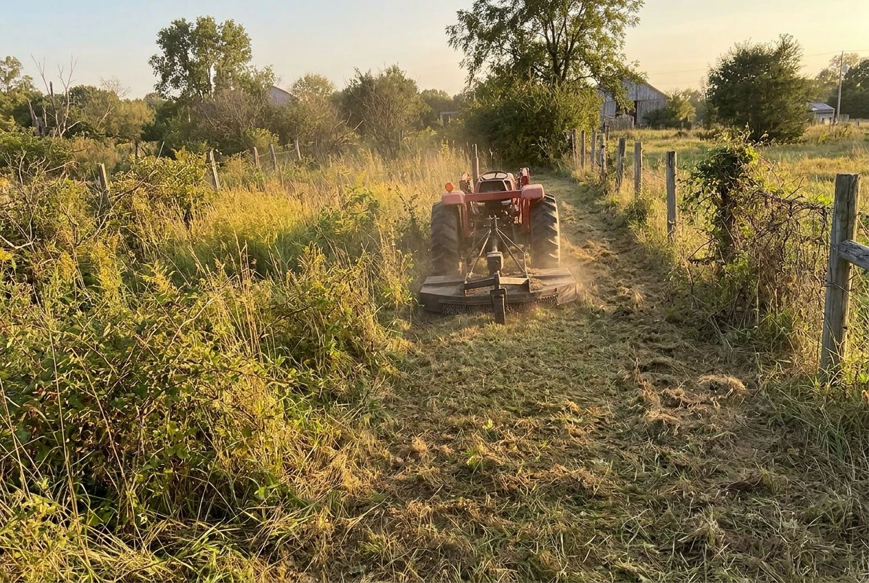 A tractor with a rear-mounted bush hog mower cutting a strip through tall overgrown grass and brush on a back lot, with an already-cleared section of short grass beside it, a wooden fence line, and warm afternoon sun.
