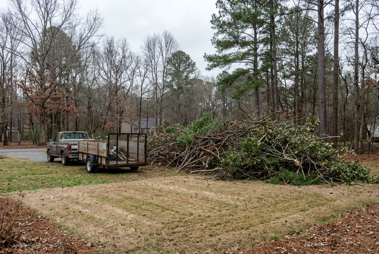 A pile of fallen tree limbs and brush stacked beside a pickup truck and trailer on a North Carolina yard, with a neatly raked, cleared patch of lawn in the foreground and bare-branched trees behind, in overcast daylight.