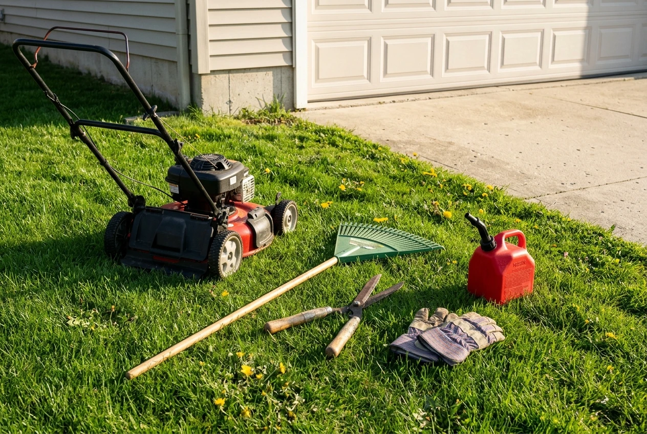 A beginner's lawn tool kit laid out on a green lawn beside a garage door: a push mower, a leaf rake, hedge shears, work gloves and a gas can, bright morning light, with a few spring dandelions in the grass.